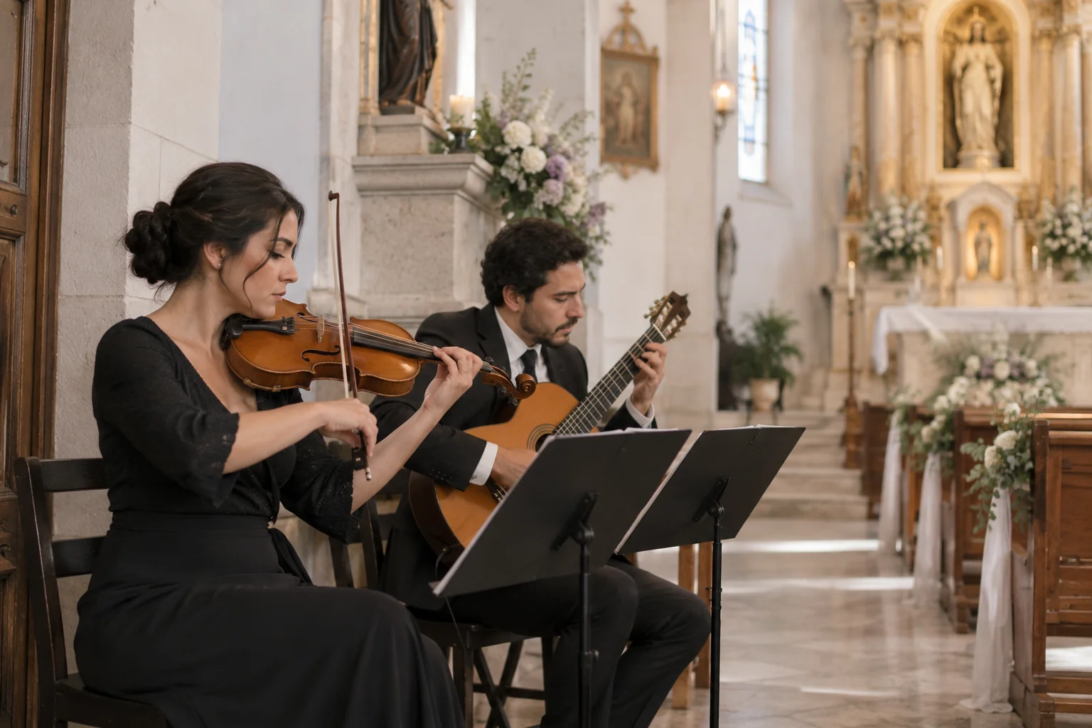 Violinista y guitarrista ensayan junto a una zona de ceremonia.
