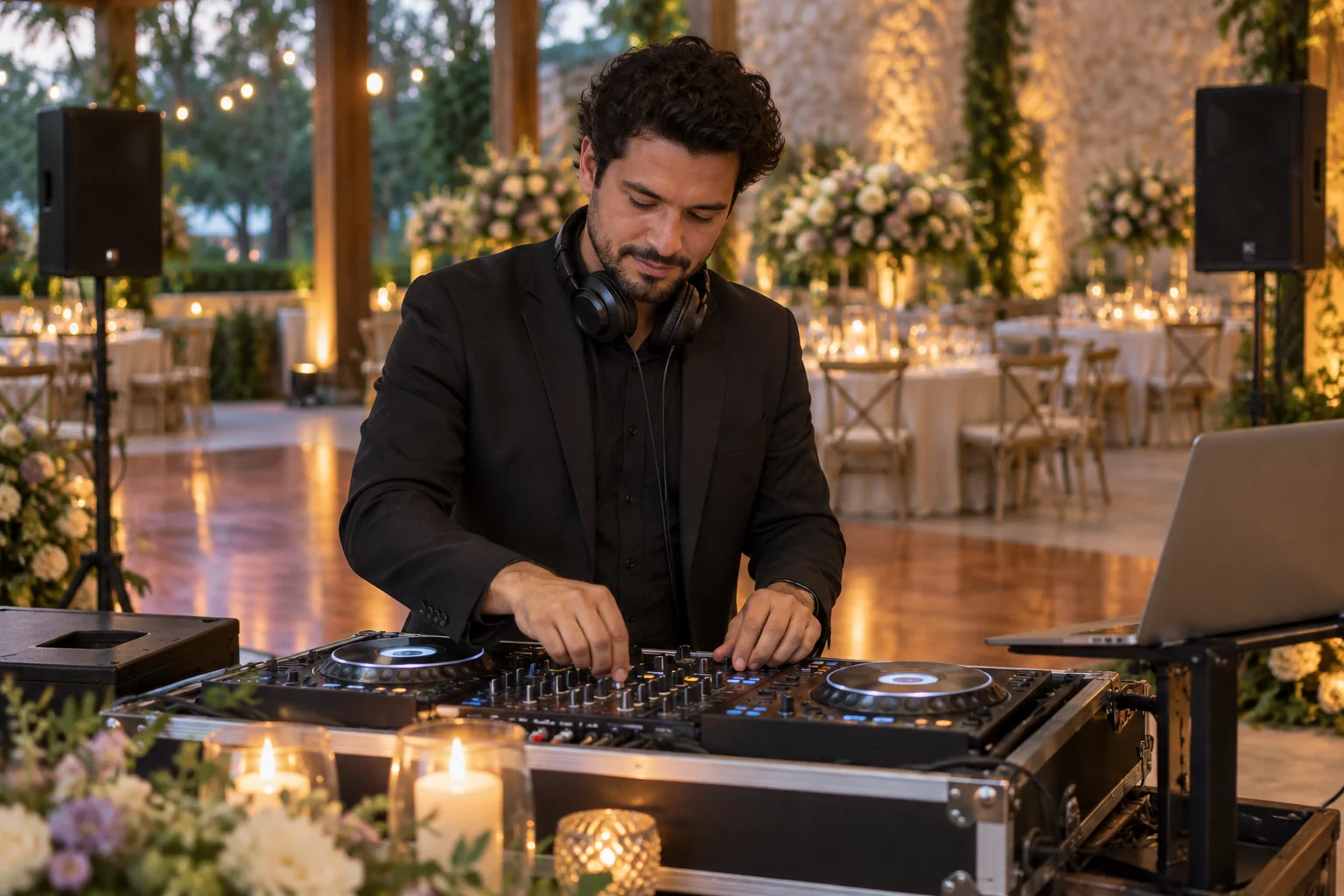 Consola de sonido preparada junto a una pista de baile.