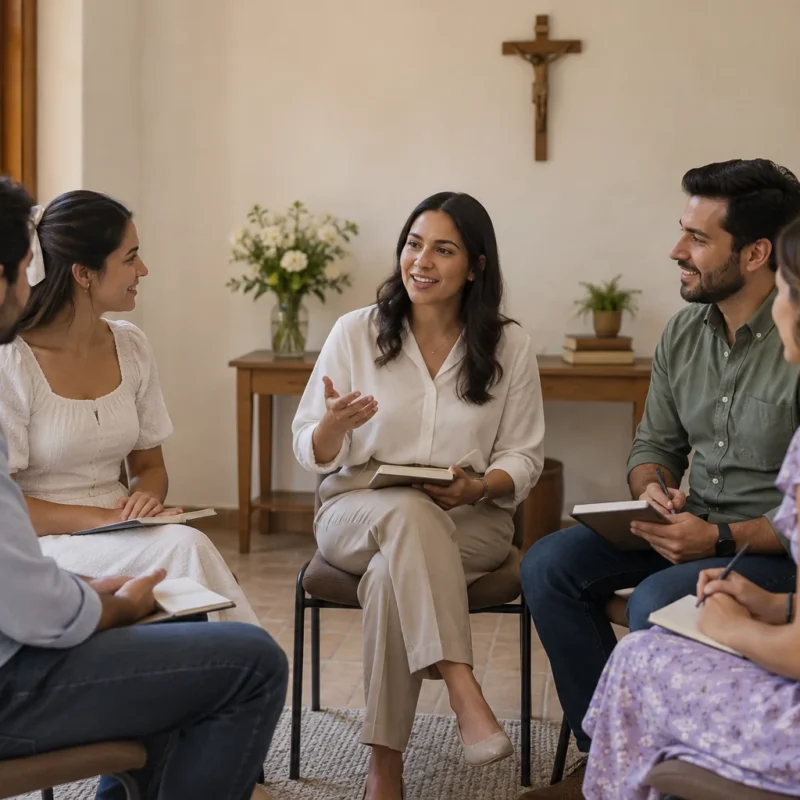 Parejas y una persona facilitadora conversan con cuadernos en una reunión.