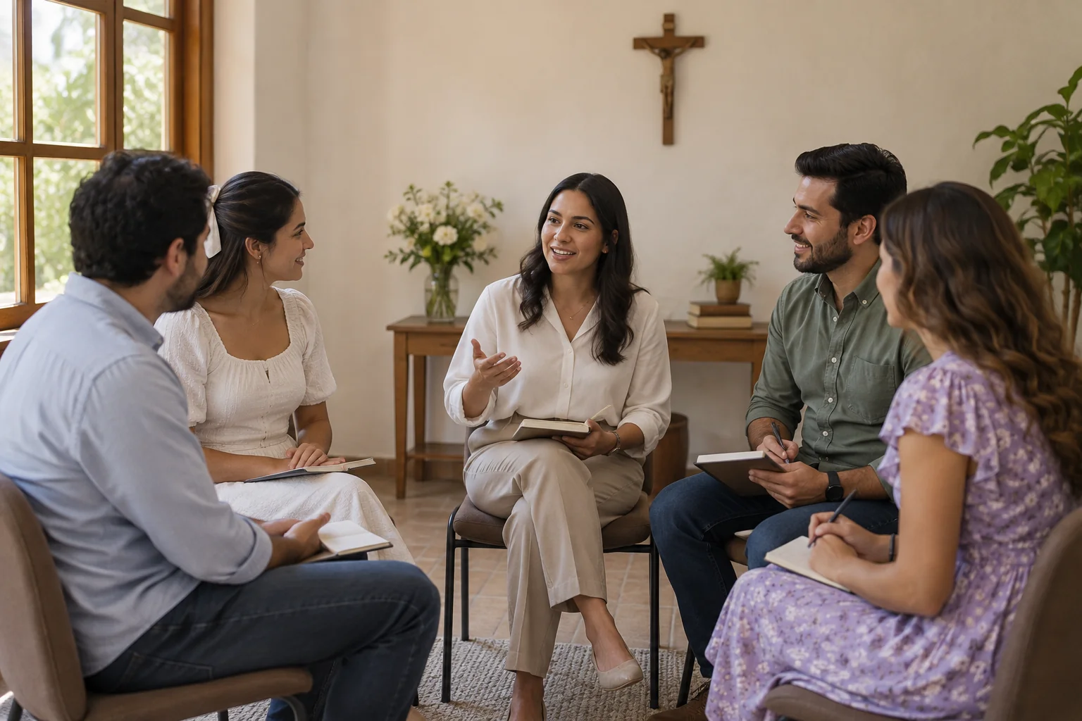 Parejas y una persona facilitadora conversan con cuadernos en una reunión.