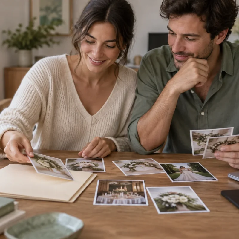 Pareja selecciona fotografías y las organiza junto a dispositivos cerrados.