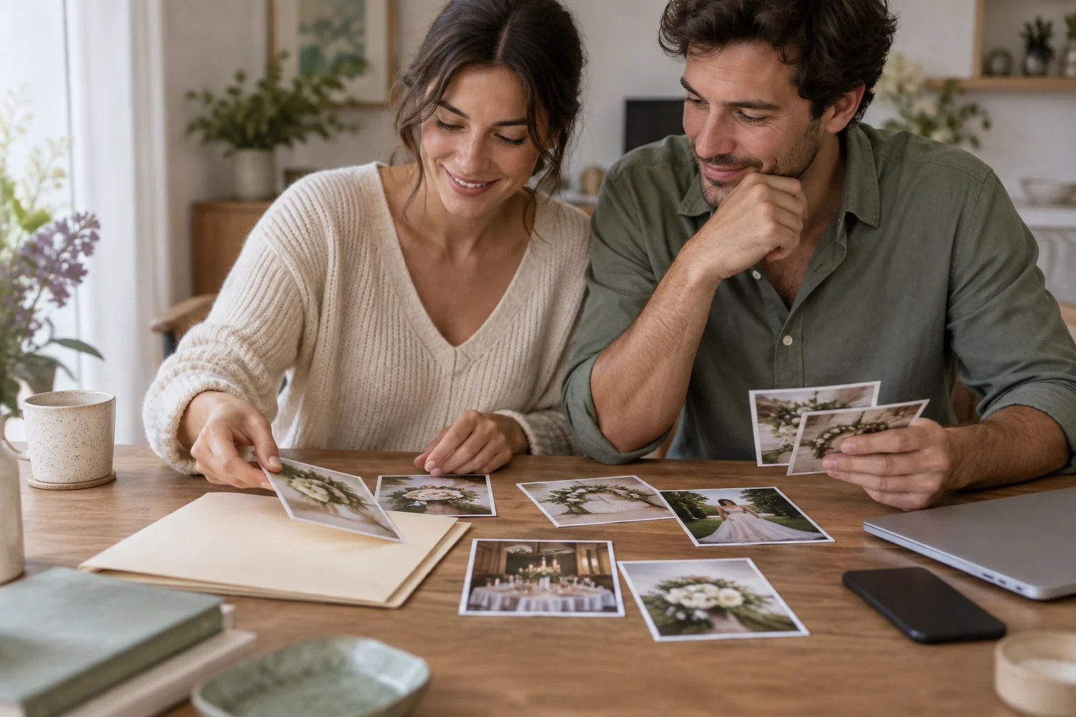 Pareja selecciona fotografías y las organiza junto a dispositivos cerrados.