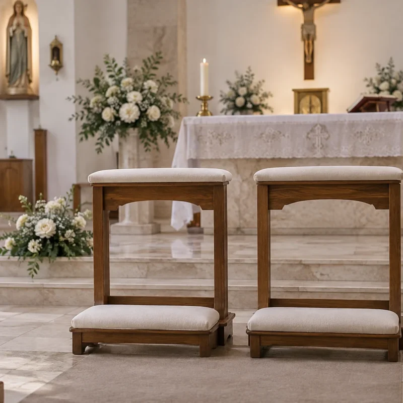 Dos reclinatorios acolchados colocados cerca del frente de una iglesia.