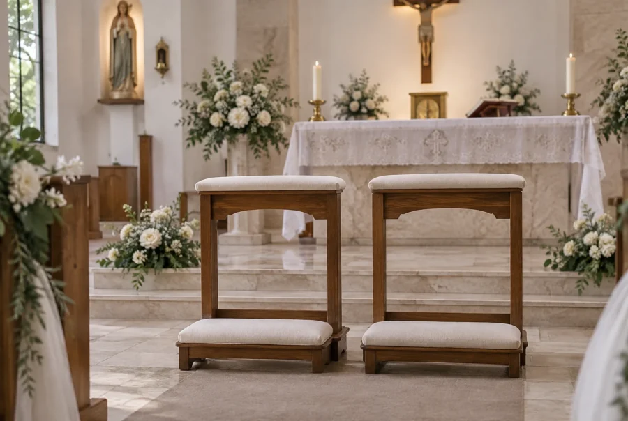 Dos reclinatorios acolchados colocados cerca del frente de una iglesia.