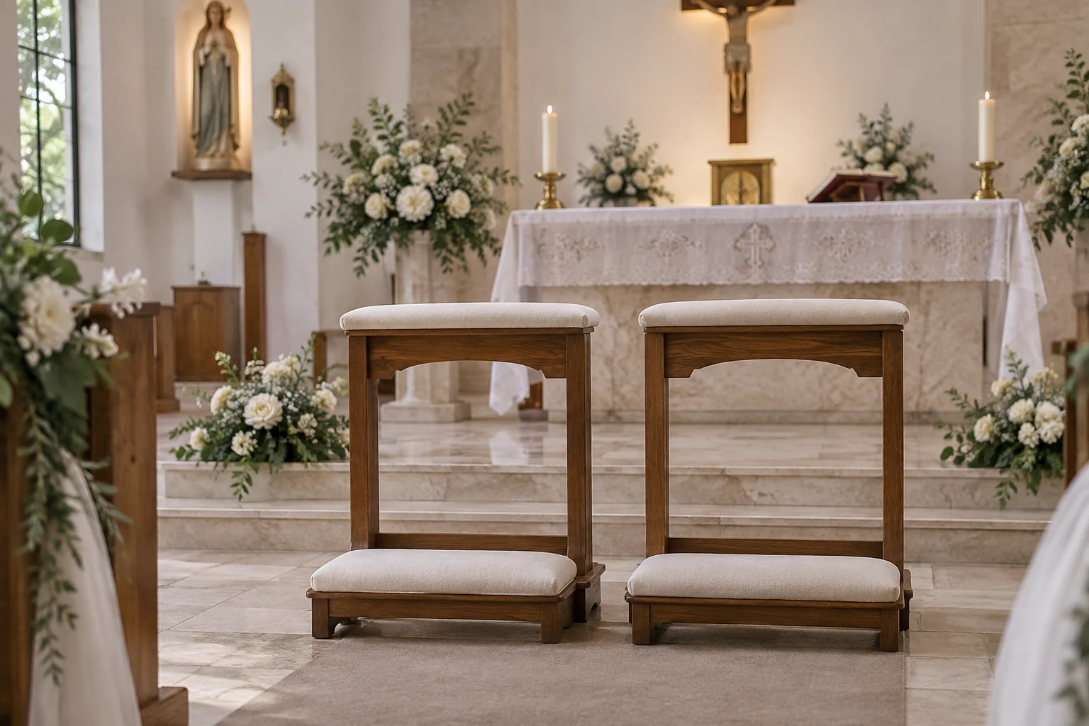 Dos reclinatorios acolchados colocados cerca del frente de una iglesia.
