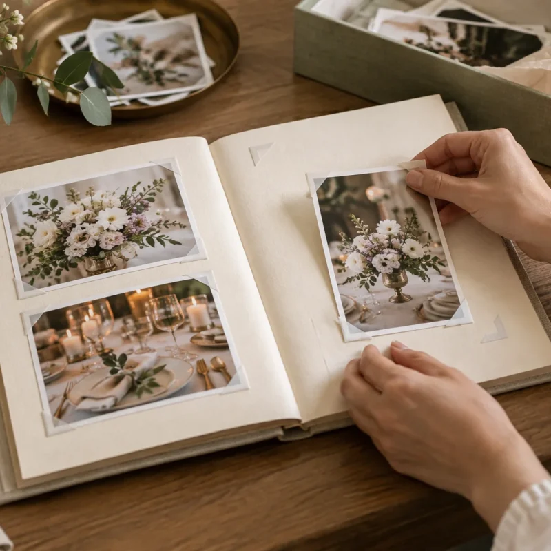 Álbum abierto, fotografías de detalles y caja de recuerdos.