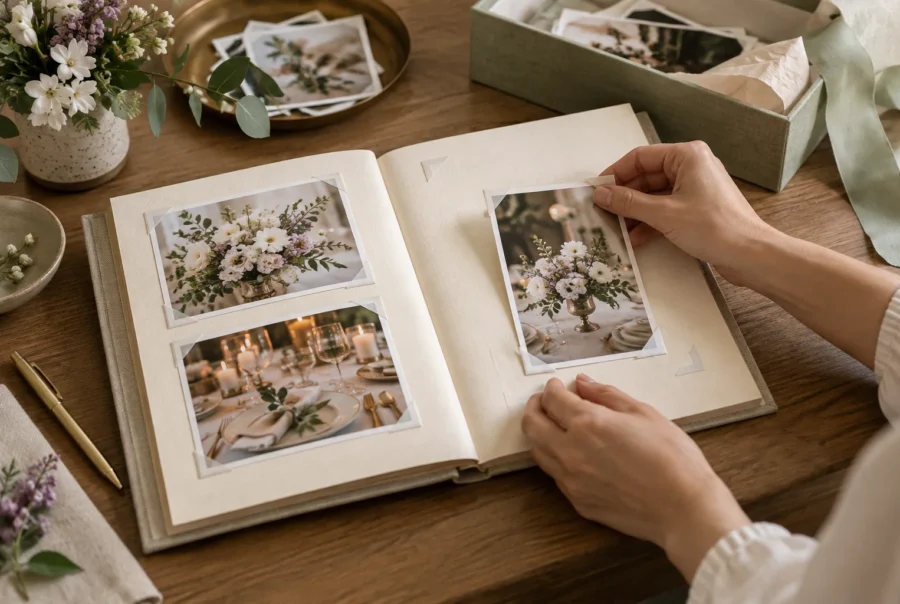 Álbum abierto, fotografías de detalles y caja de recuerdos.