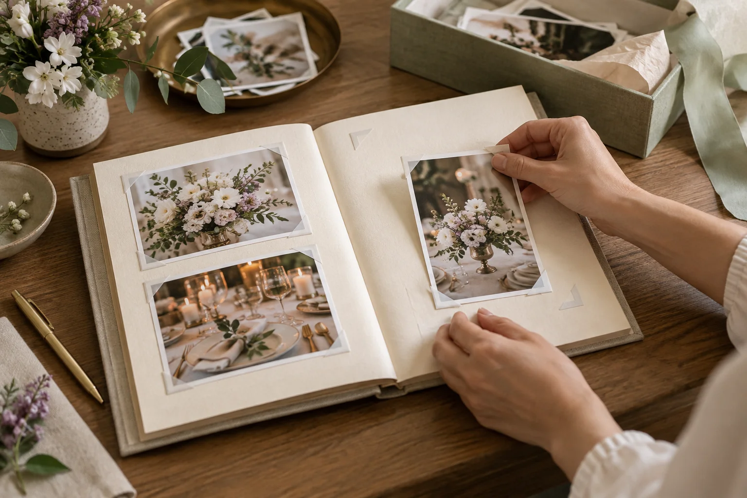 Álbum abierto, fotografías de detalles y caja de recuerdos.