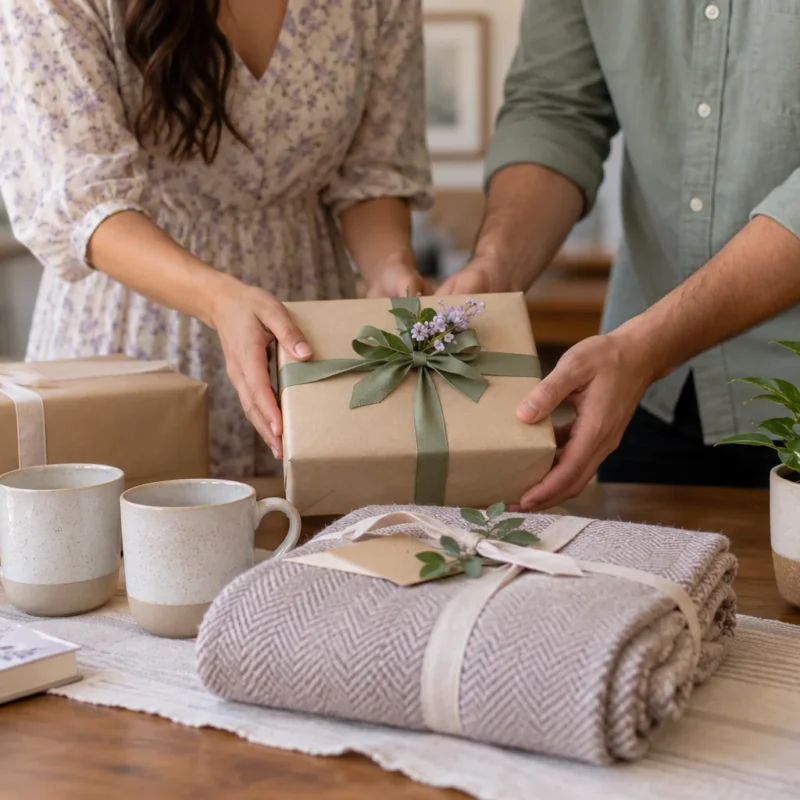 Obsequios envueltos y artículos para el hogar sobre una mesa.