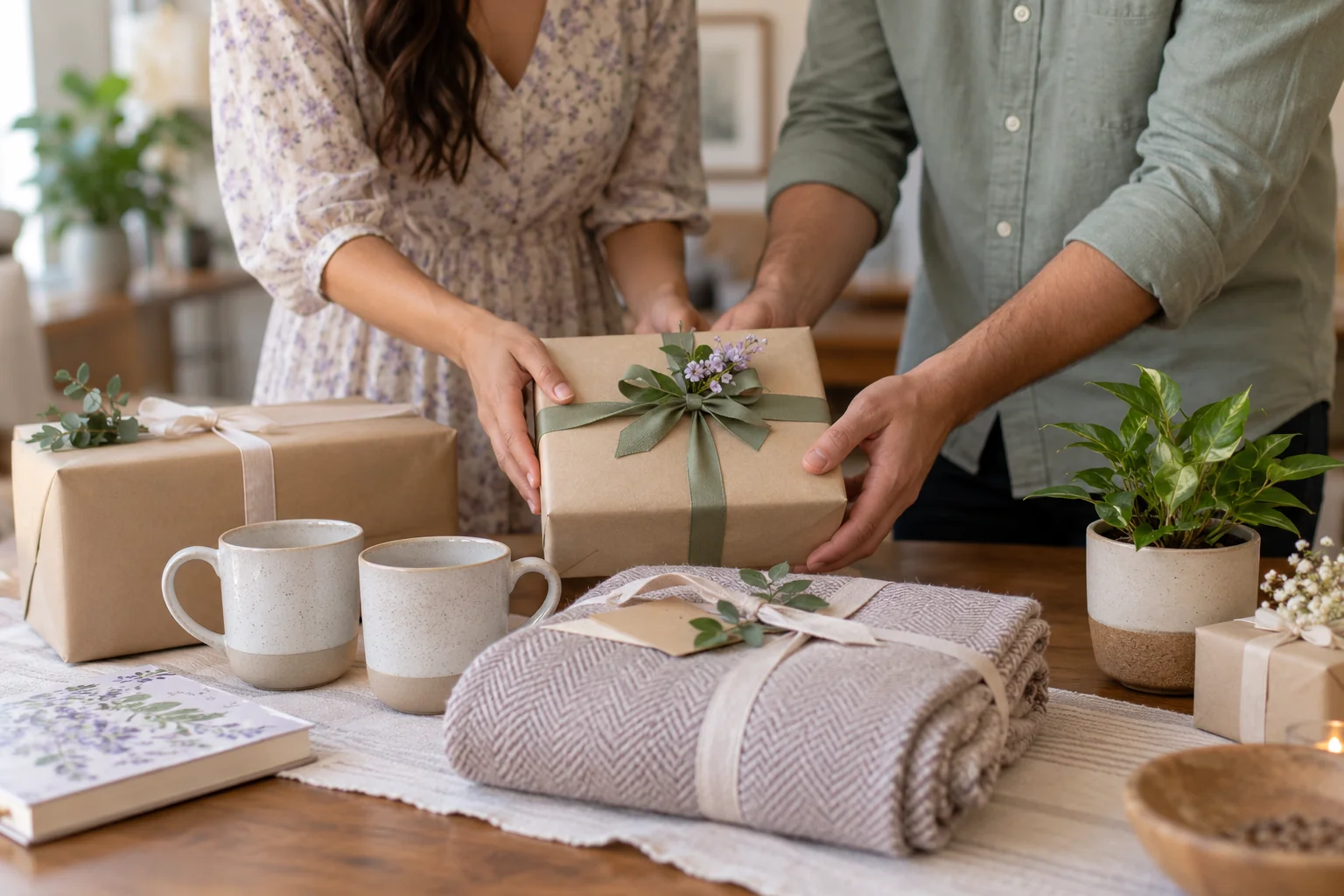 Obsequios envueltos y artículos para el hogar sobre una mesa.
