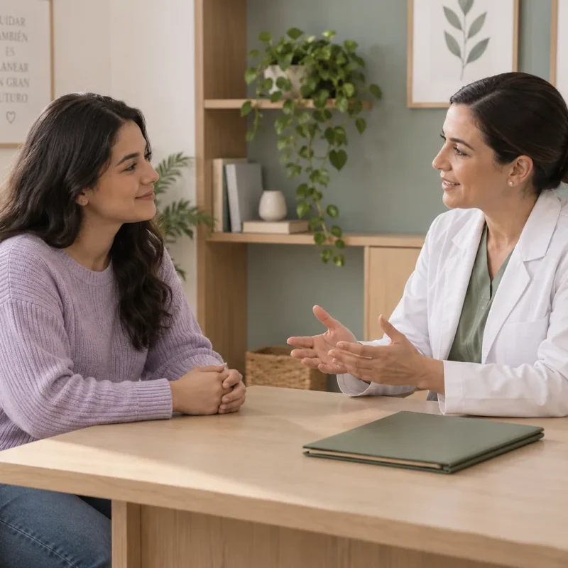 Persona y profesional de salud conversan en un consultorio.