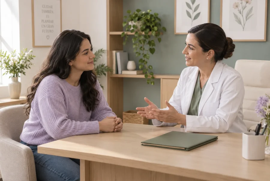 Persona y profesional de salud conversan en un consultorio.