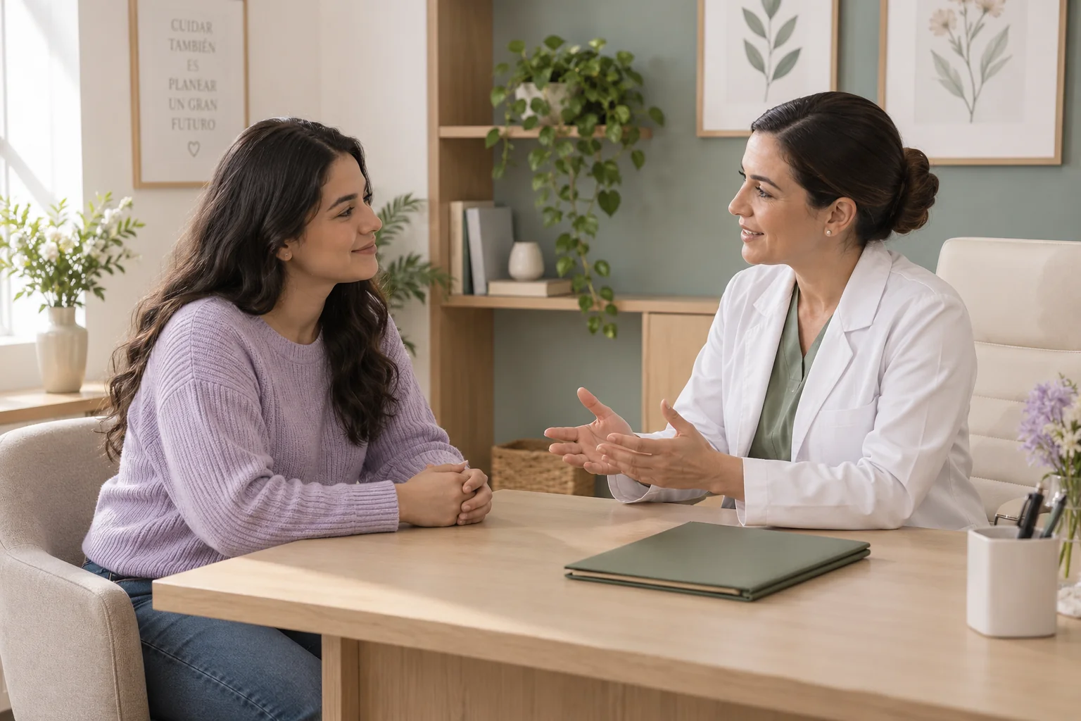 Persona y profesional de salud conversan en un consultorio.
