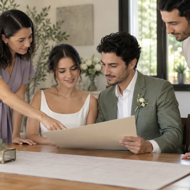 Pareja y dos acompañantes revisan una carpeta junto a una mesa.