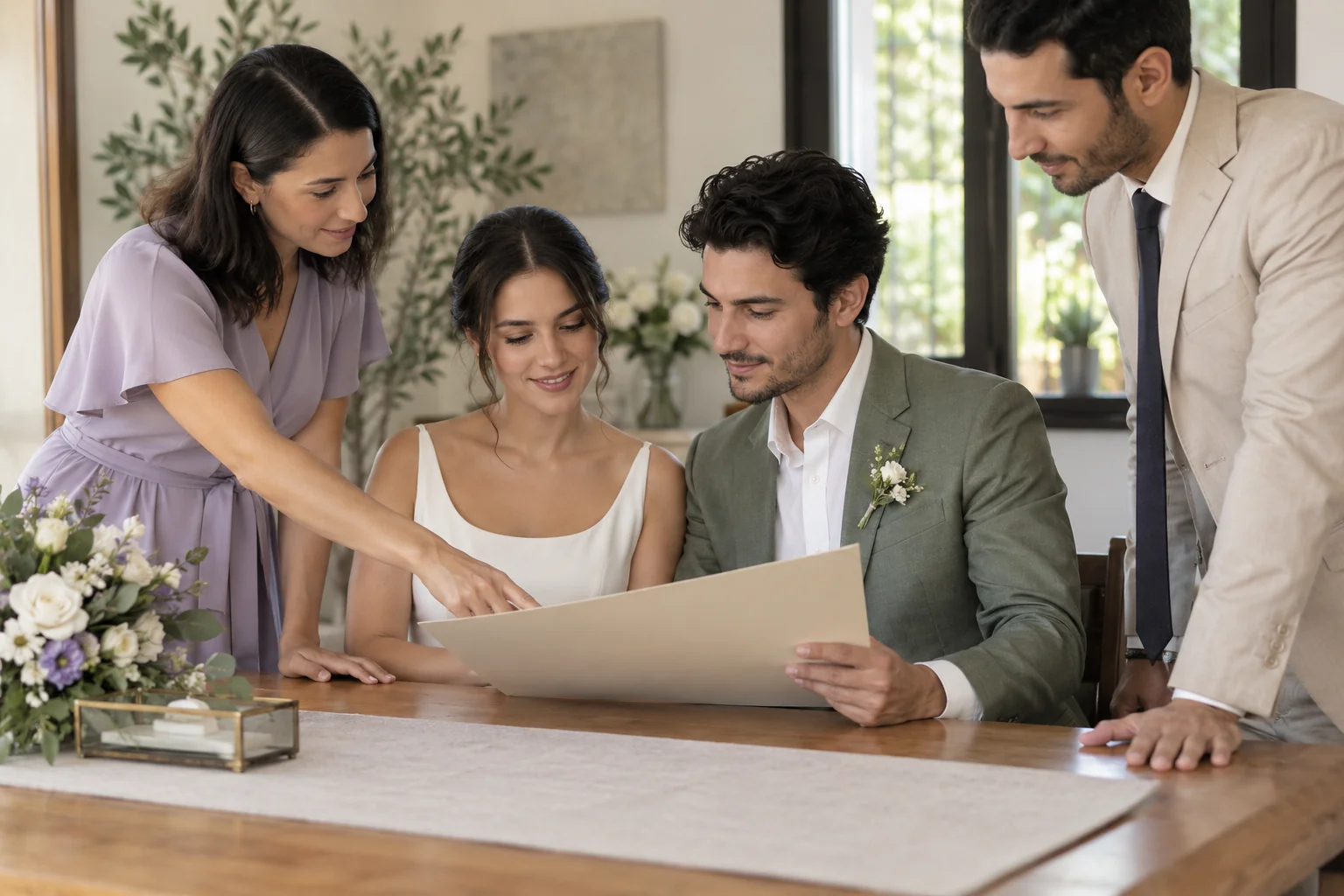 Pareja y dos acompañantes revisan una carpeta junto a una mesa.