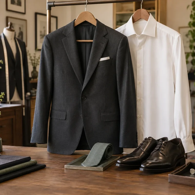 Traje, camisa, corbata y zapatos preparados en una sastrería.