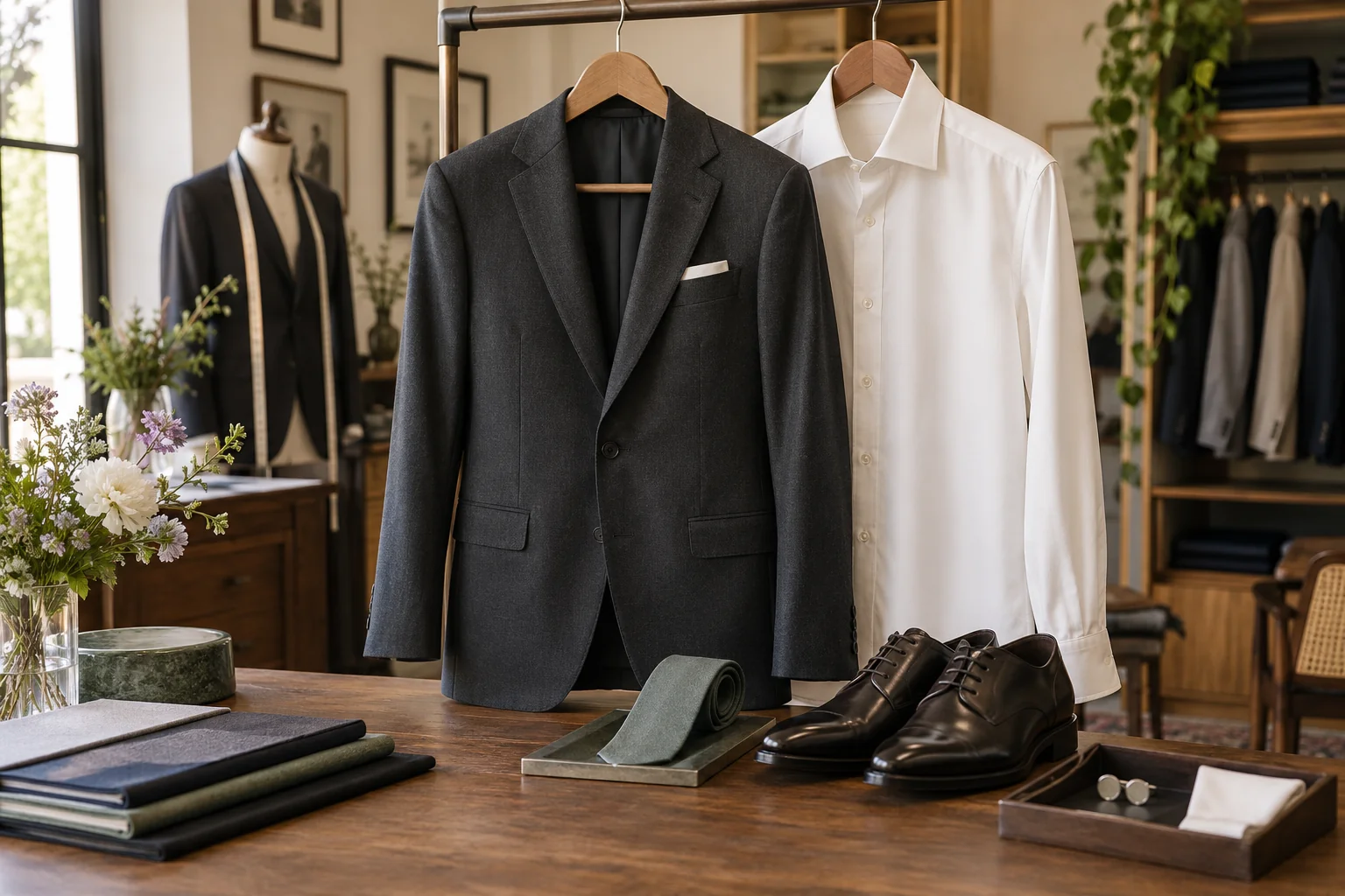 Traje, camisa, corbata y zapatos preparados en una sastrería.