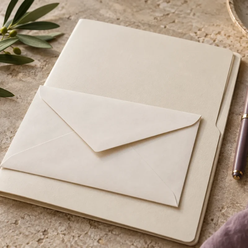 Carpeta, sobre y pluma preparados sobre una mesa.