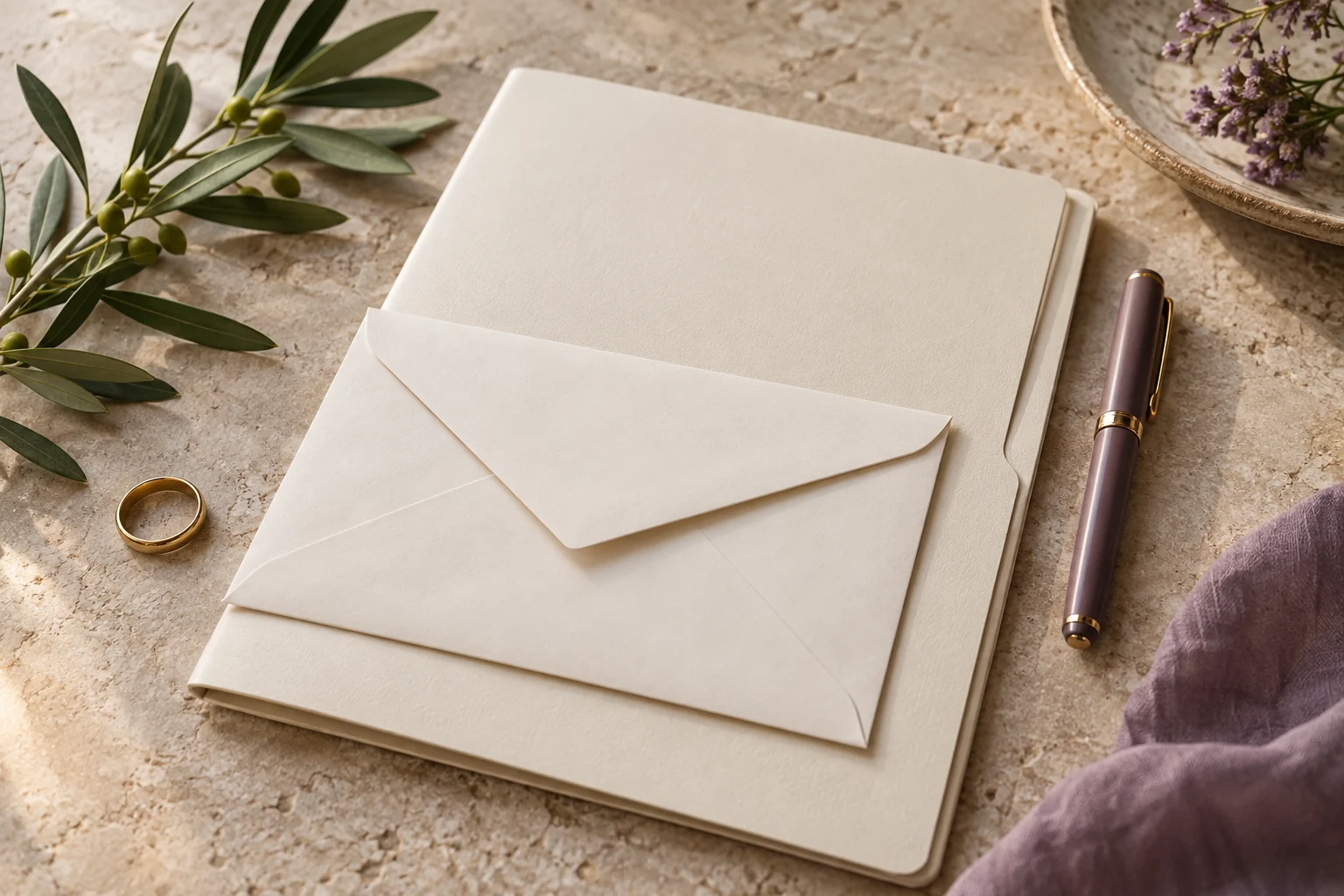 Carpeta, sobre y pluma preparados sobre una mesa.
