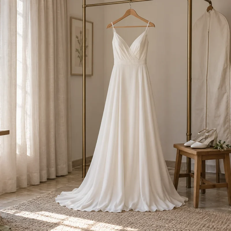 Vestido de boda con zapatos y funda para su cuidado.